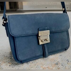 French Connection Navy Shoulder Bag Vegan Leather Gold Hardware Crossbody Purse